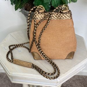 Metallic Leather and Burlap Toned Fabric Cross Body Bag